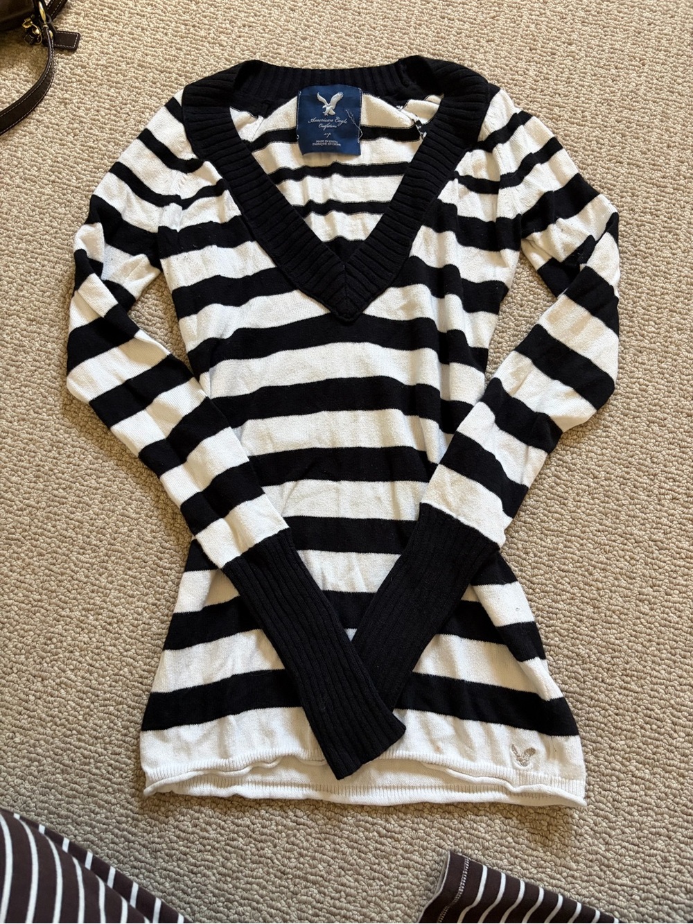 American Eagle Outfitters Black and White Striped V‑Neck Sweater